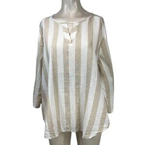 VAN HEUSEN - WOMEN'S XL- TAN/WHITE STRIPE 3/4 SLEEVE V NECK LINEN BLEND TOP